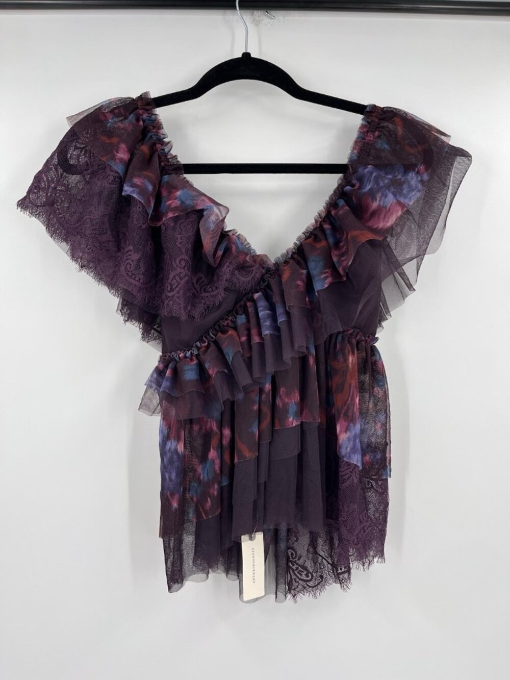 BY ANTHROPOLOGIE Womens Purple Abstract Tulle Ruffle Tie Back Top NWT Small - Picture 2 of 8